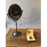 Brass 1930s two-way small dressing table mirror on stand together with vintage boxed bottle of Joy