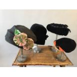 Edwardian velvet hat together with a soft 1930s velvet cloche hat, 1930s velvet cocktail hat and a