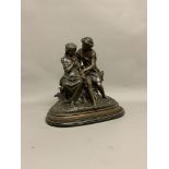 AFTER AUGUSTE MOREAU (FRENCH 1834-1917). A bronze sculpture of two seated ladies on wooden base.