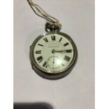 A sterling silver key wound pocket watch, white enamel dial with Roman numeral markers, subsidiary