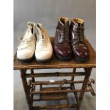 2 pairs of mens vintage boots. Leather boots approx size 9, white boots approx size 6
