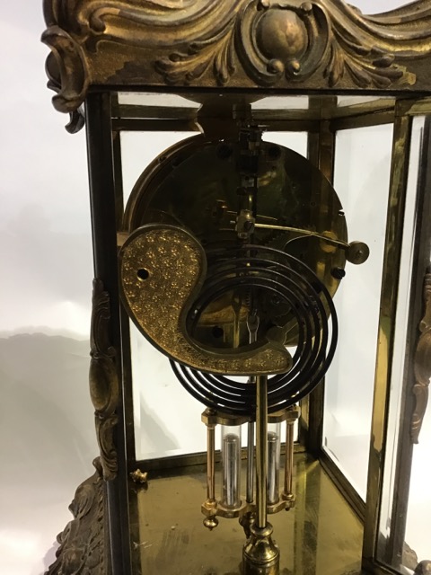 French gilt bronze/ormolu four bevelled glass mantel clock, French movement with visible - Image 3 of 4