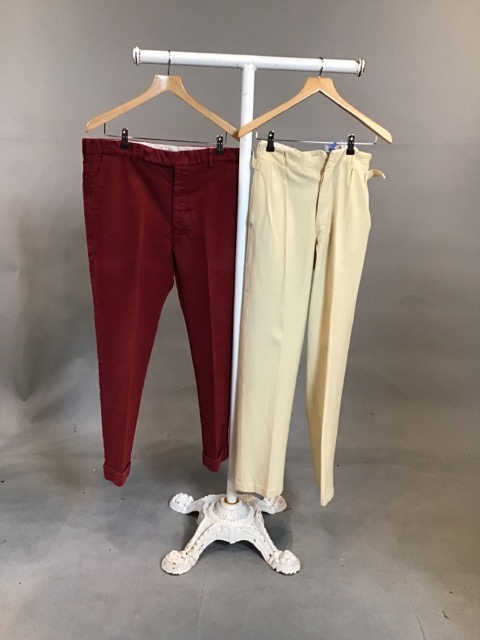 1930s cream flannel trousers together with a pair of moleskin trousers. Cream flannel trousers tears