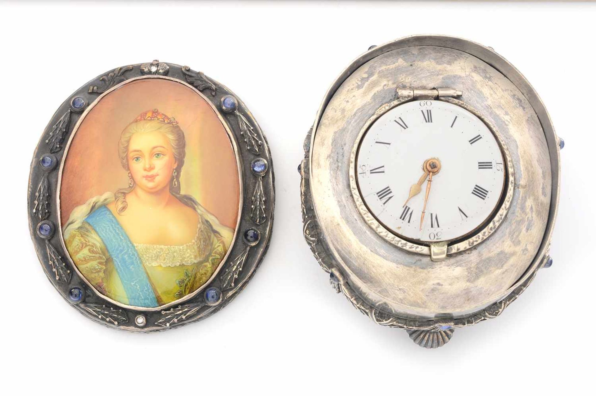 TABLE CLOCK IN A CASE WITH A PORTRAIT OF ELIZABETH PETROVNA