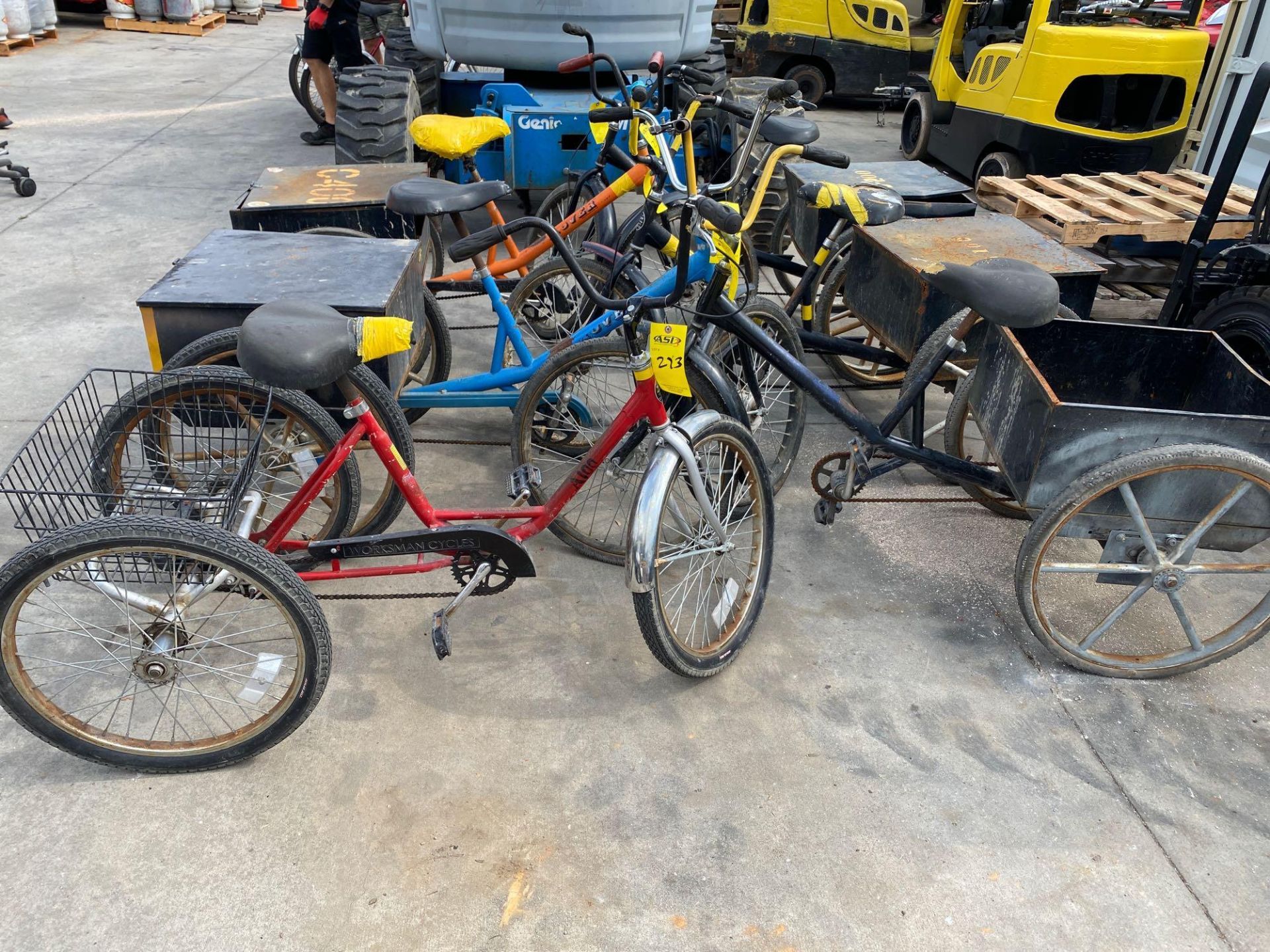 SIX 3-WHEELED SHOP BIKES WITH BASKETS