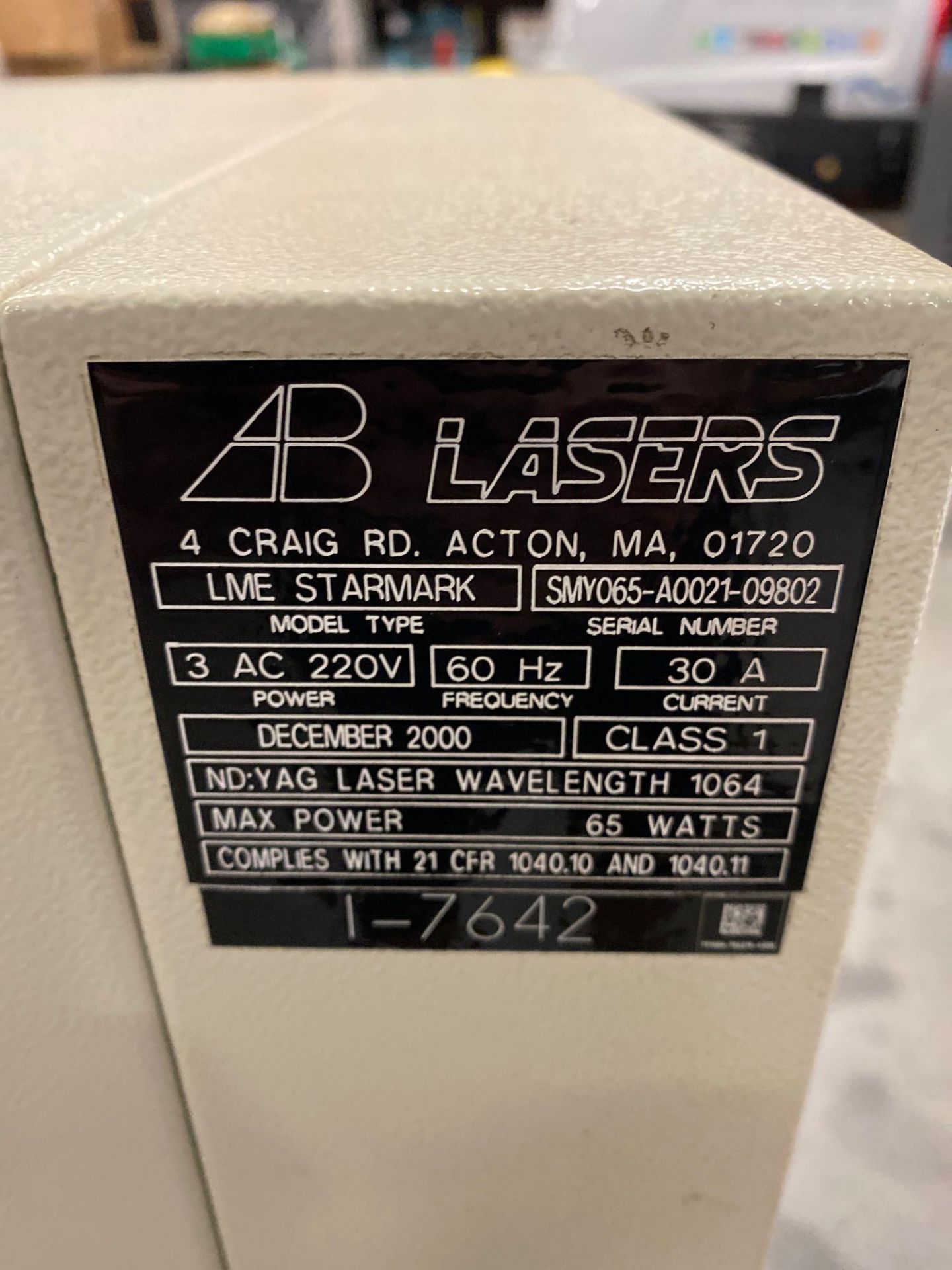 AB LASER, LME STARMARK 65W YAG LASER WAVELENGTH 1064, WAS OPERATING WHEN TAKEN OUT OF SERVICE - Image 17 of 20