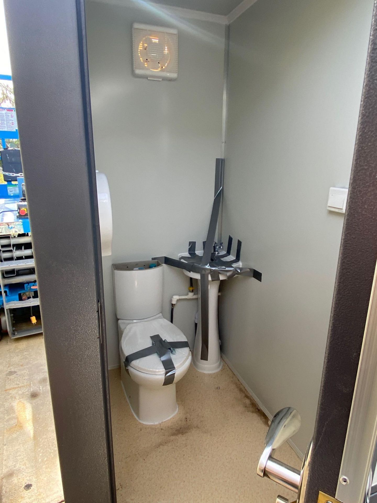 NEW/UNUSED PORTABLE BATHROOM UNIT, TWO STALLS, PLUMBING AND ELECTRIC HOOKUP, 81" WIDE 90" TALL 51" D - Image 6 of 7