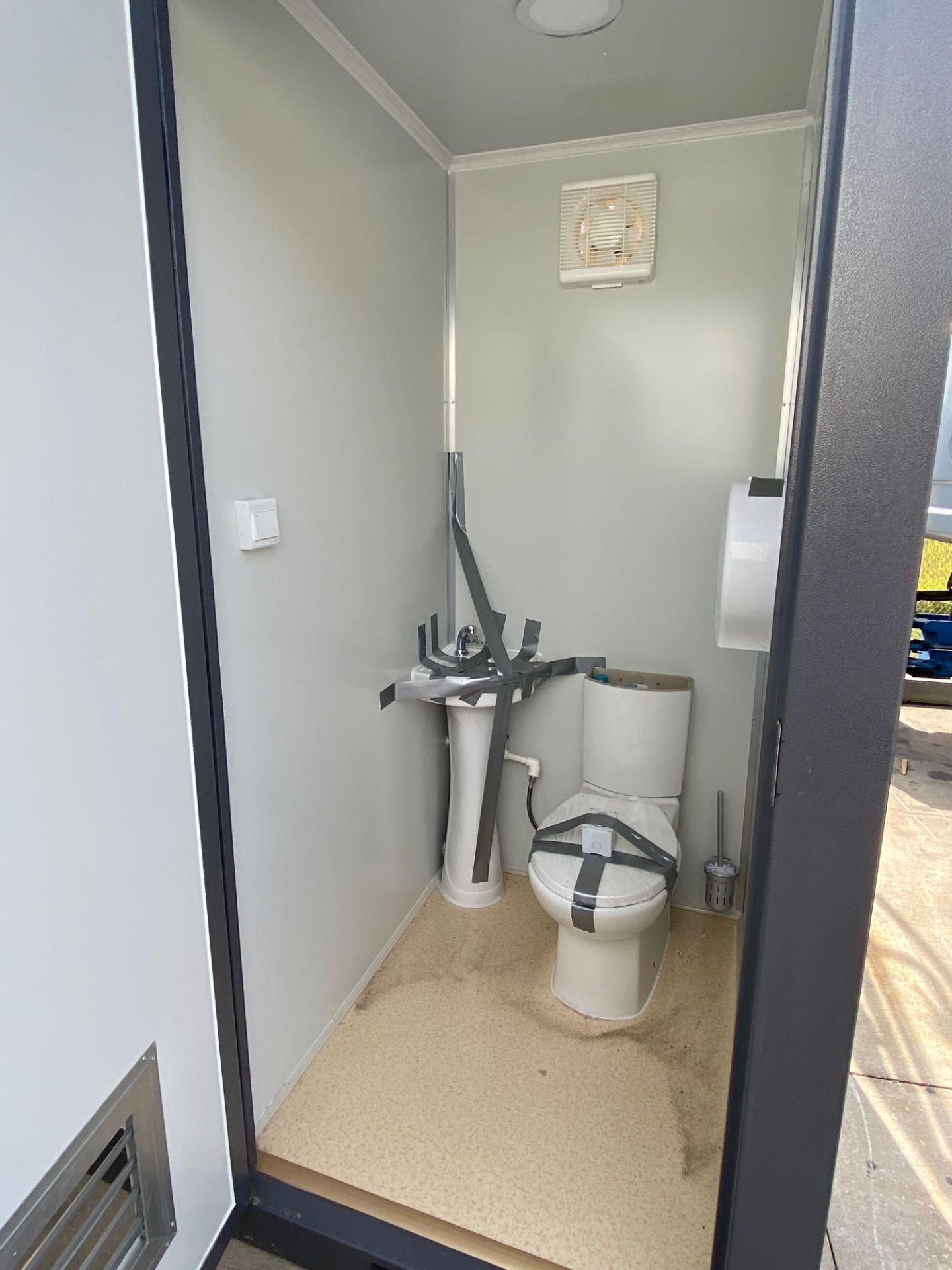 NEW/UNUSED PORTABLE BATHROOM UNIT, TWO STALLS, PLUMBING AND ELECTRIC HOOKUP, 81" WIDE 90" TALL 51" D - Image 5 of 7