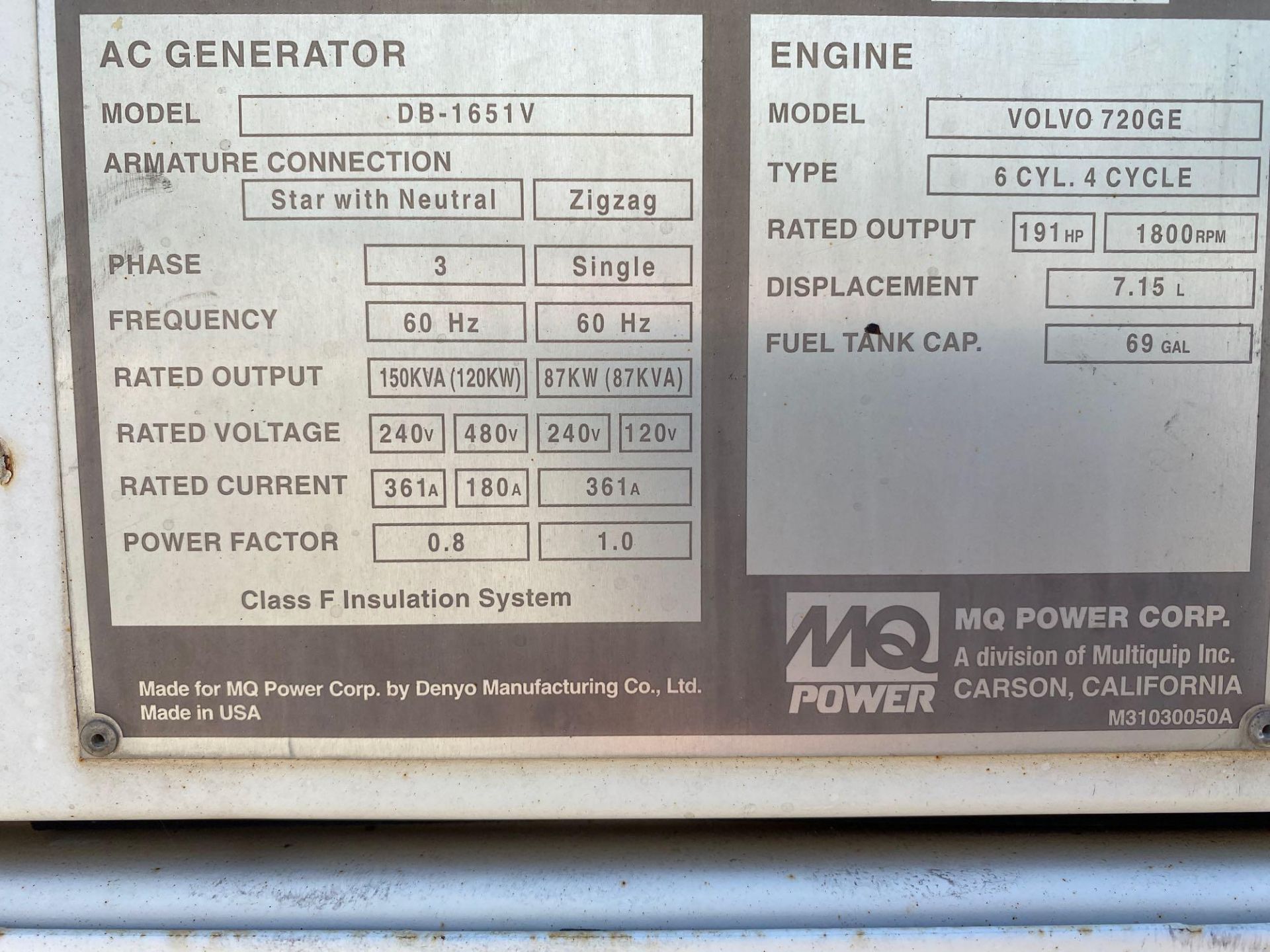 MQ POWER DB-1651V TRAILER MOINTED GENERATOR, VOLVO DIESEL, 150KVA/120KW, ENGINE MODEL VOLVO720GE, RU - Image 9 of 12