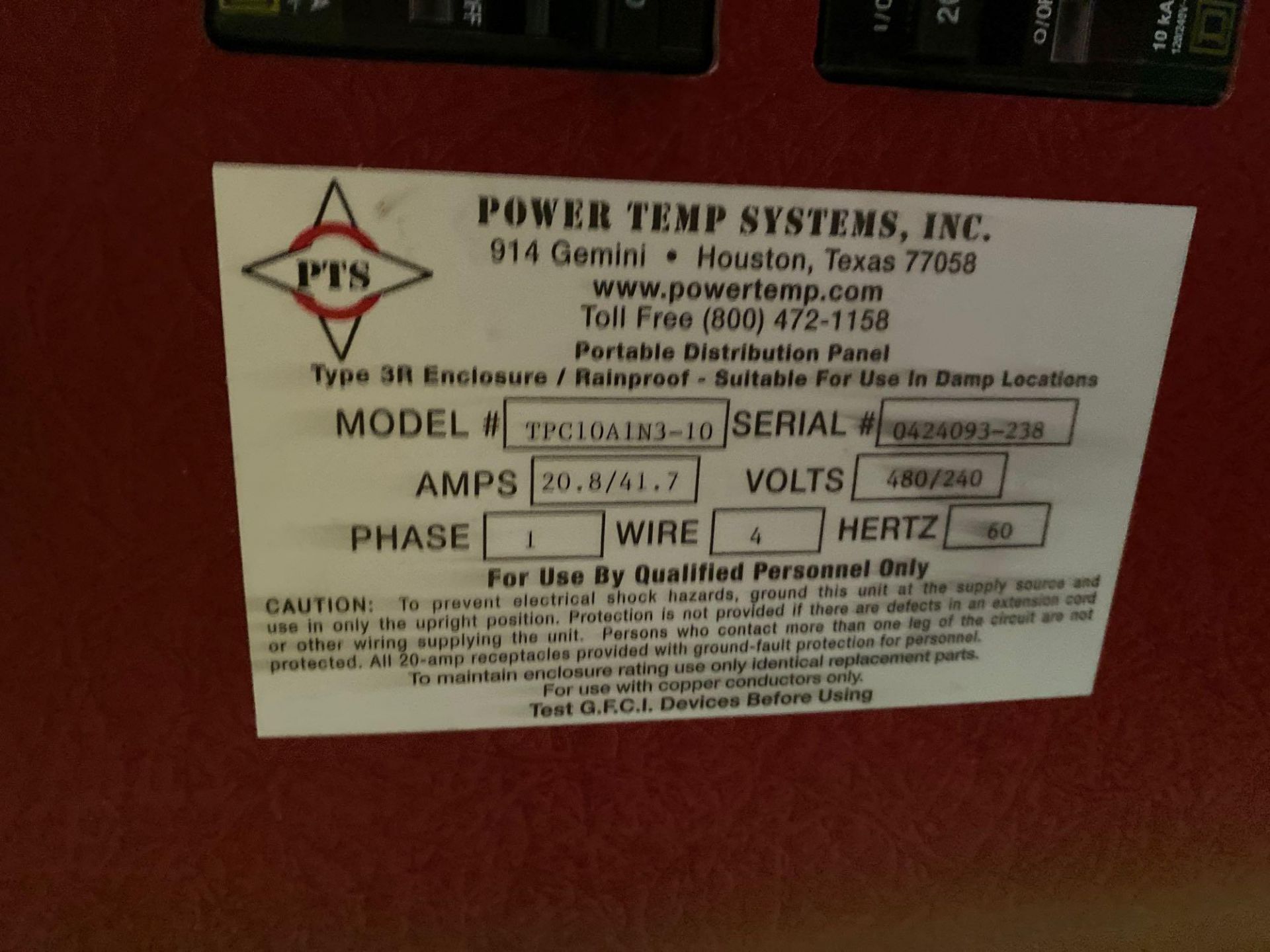 POWER TEMP SYSTEMS PORTABLE POWER DISTRIBUTION CENTER, 20.8/41.7 AMP, SINGLE PHASE, 60 HERTZ - Image 9 of 12