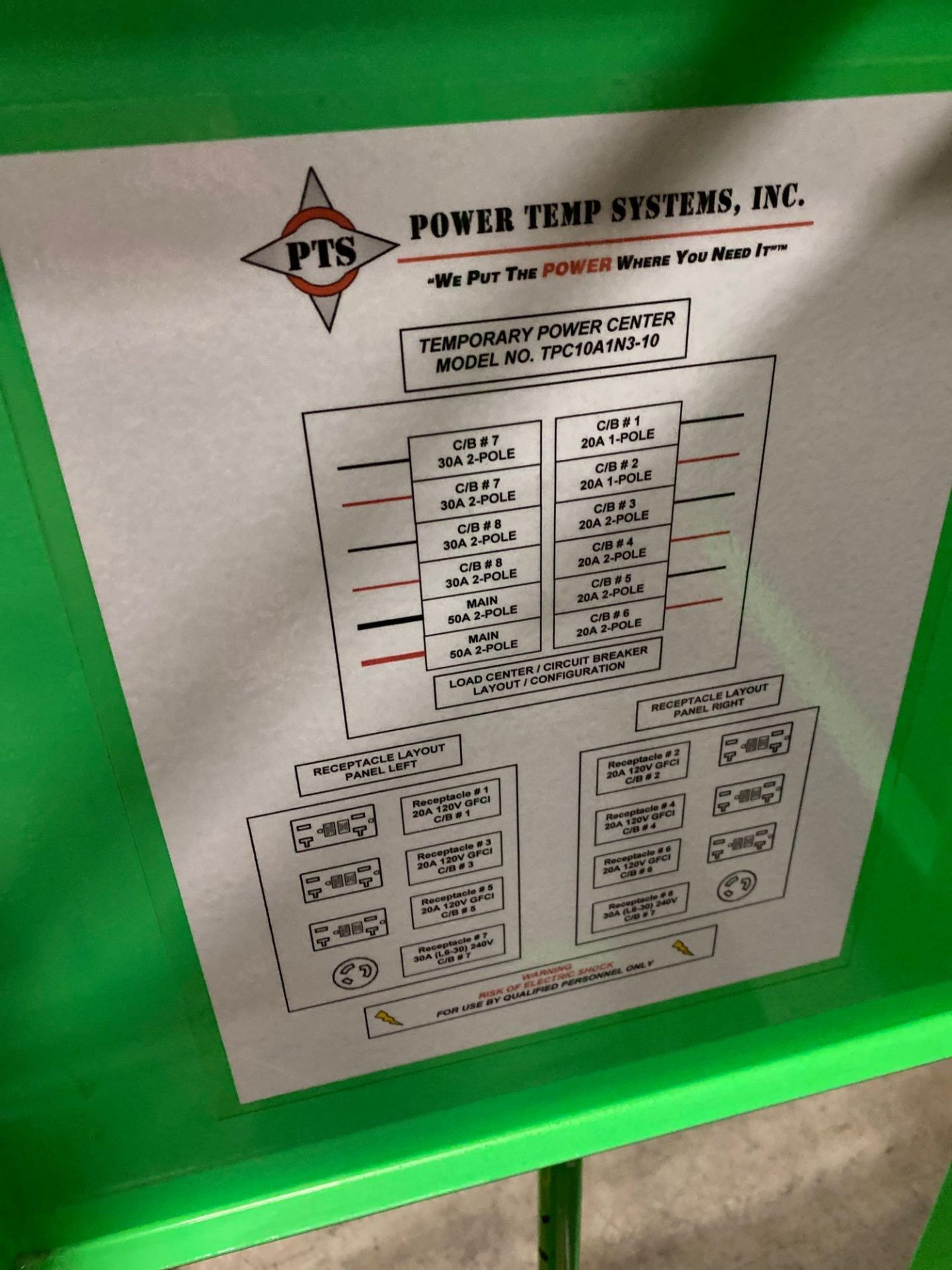 POWER TEMP SYSTEMS PORTABLE POWER DISTRIBUTION CENTER, 20.8/41.7 AMP, SINGLE PHASE, 60 HERTZ - Image 8 of 12