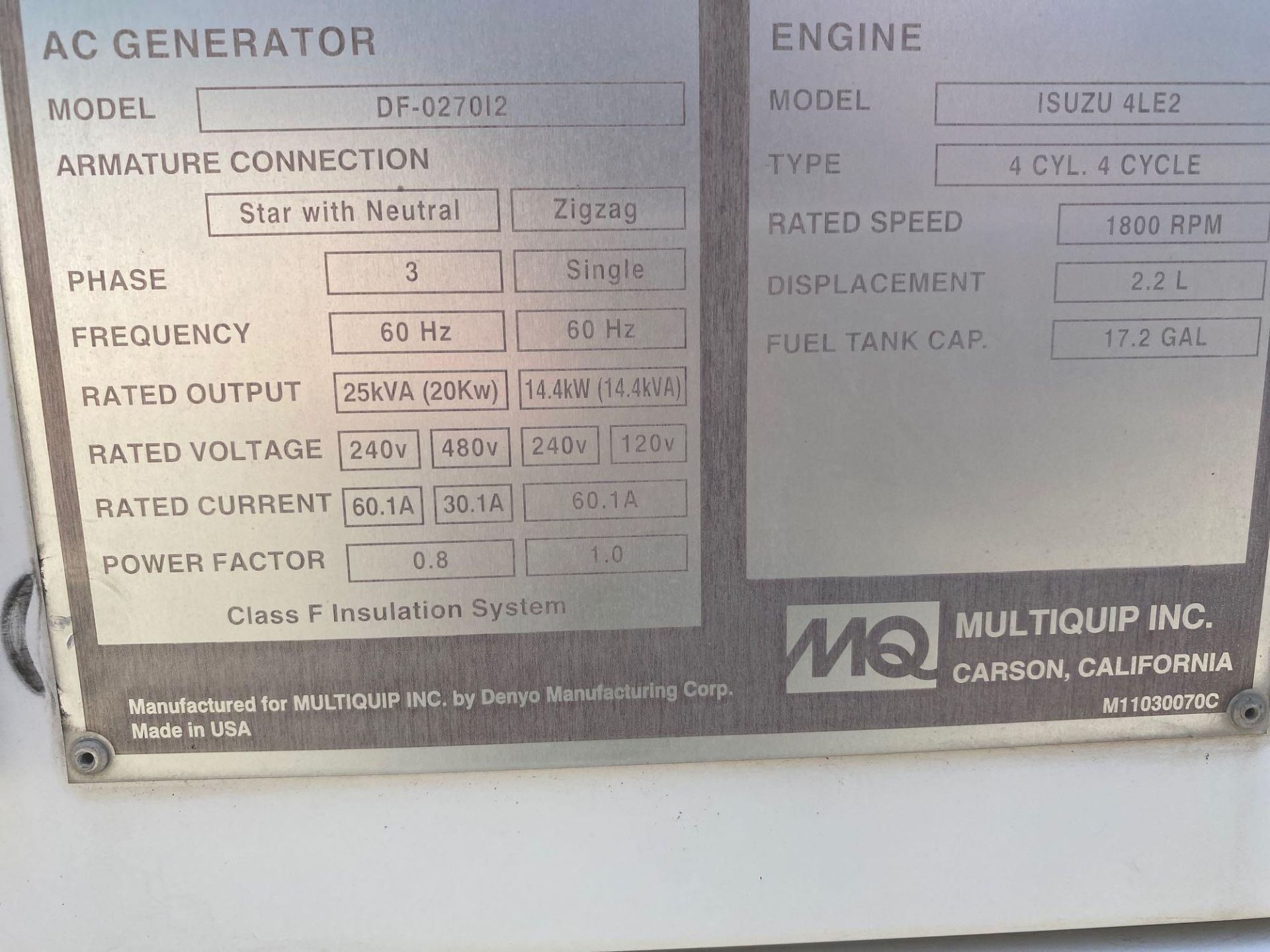 WHISPERWATT 25 KVA/20 KW DIESEL GENERATOR, MODEL DF-027012, TRAILER MOUNTED, RUNS AND OPERATES - Image 10 of 10