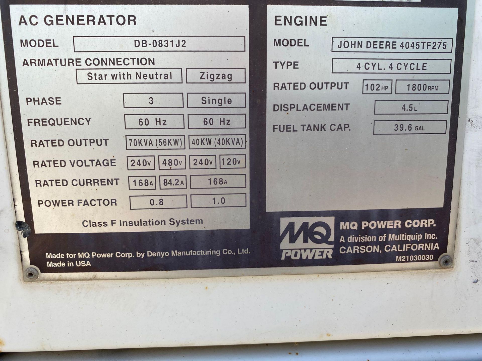 MQ POWER DB-0831J2 TRAILER MOUNTED GENERATOR, JOHN DEERE DIESEL, 70 KVA/ 56KW, RUNS AND OPERATES - Image 8 of 12