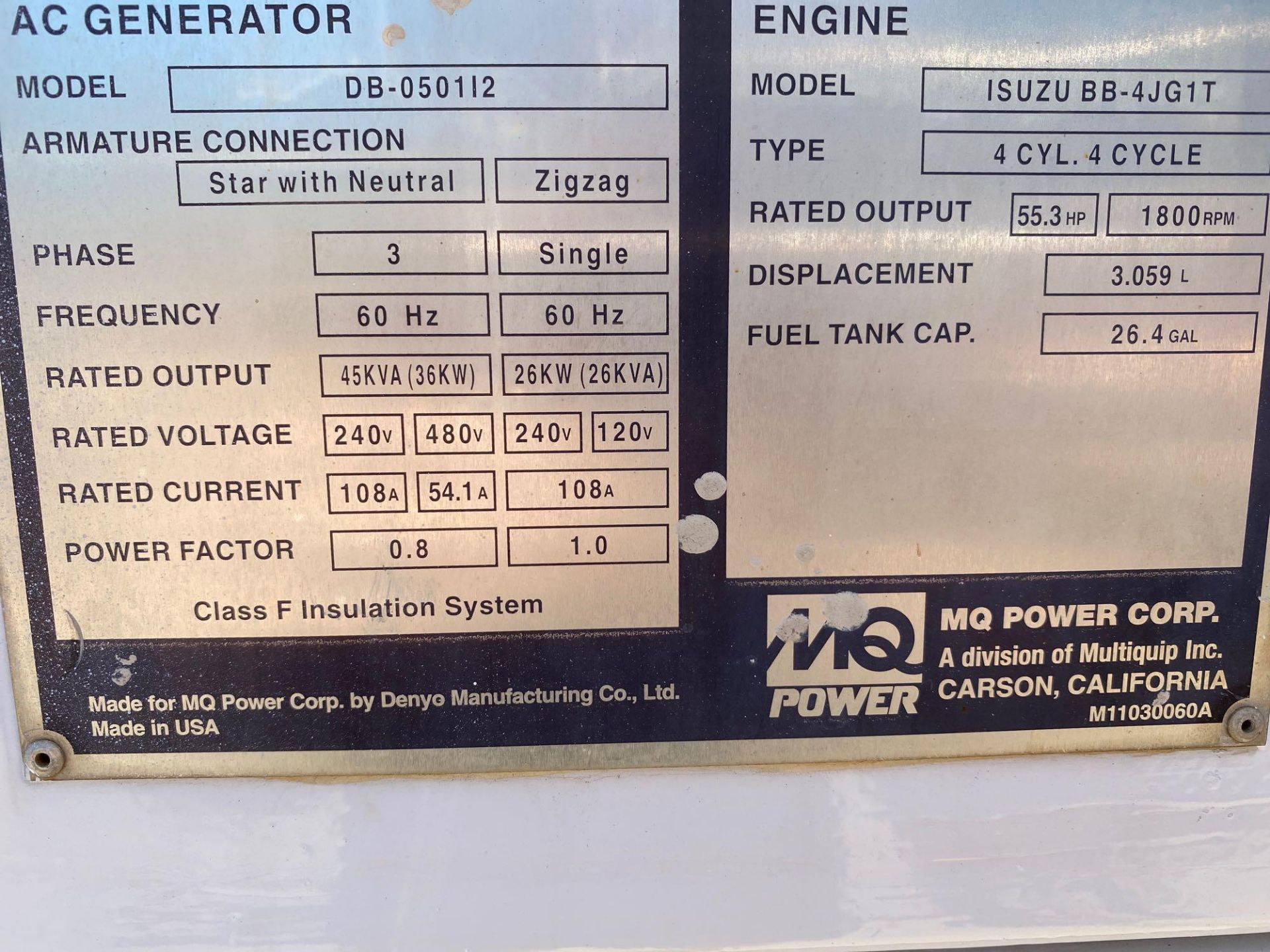 MQ POWER DIESEL TRAILER MOUNTED GENERATOR, 45KVA/36KW, MODEL DB-050112, RUNS AND OPERATES - Image 7 of 12