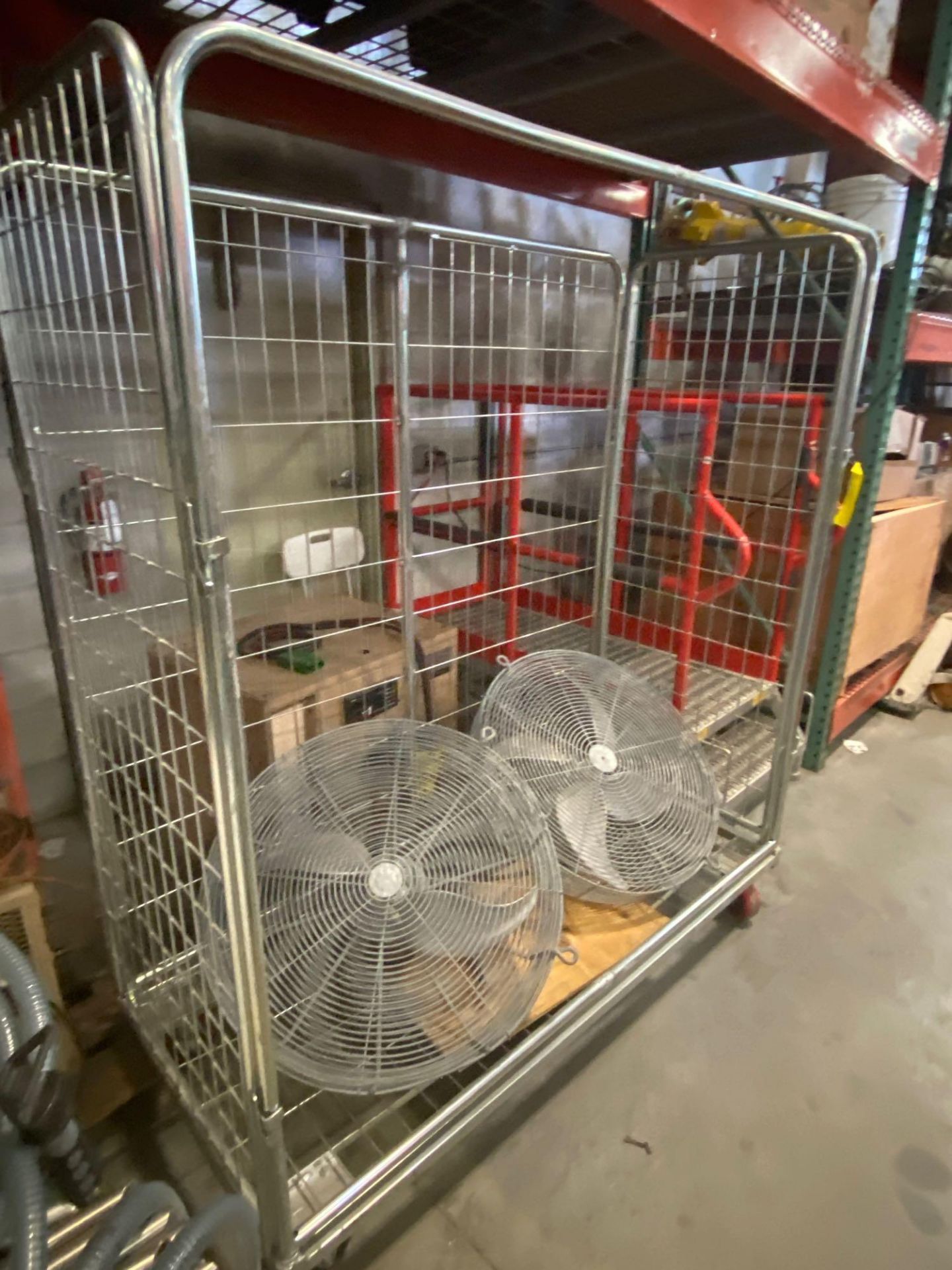 ROLLING METAL RACK WITH 2 UNUSED INDUSTRIAL FANS