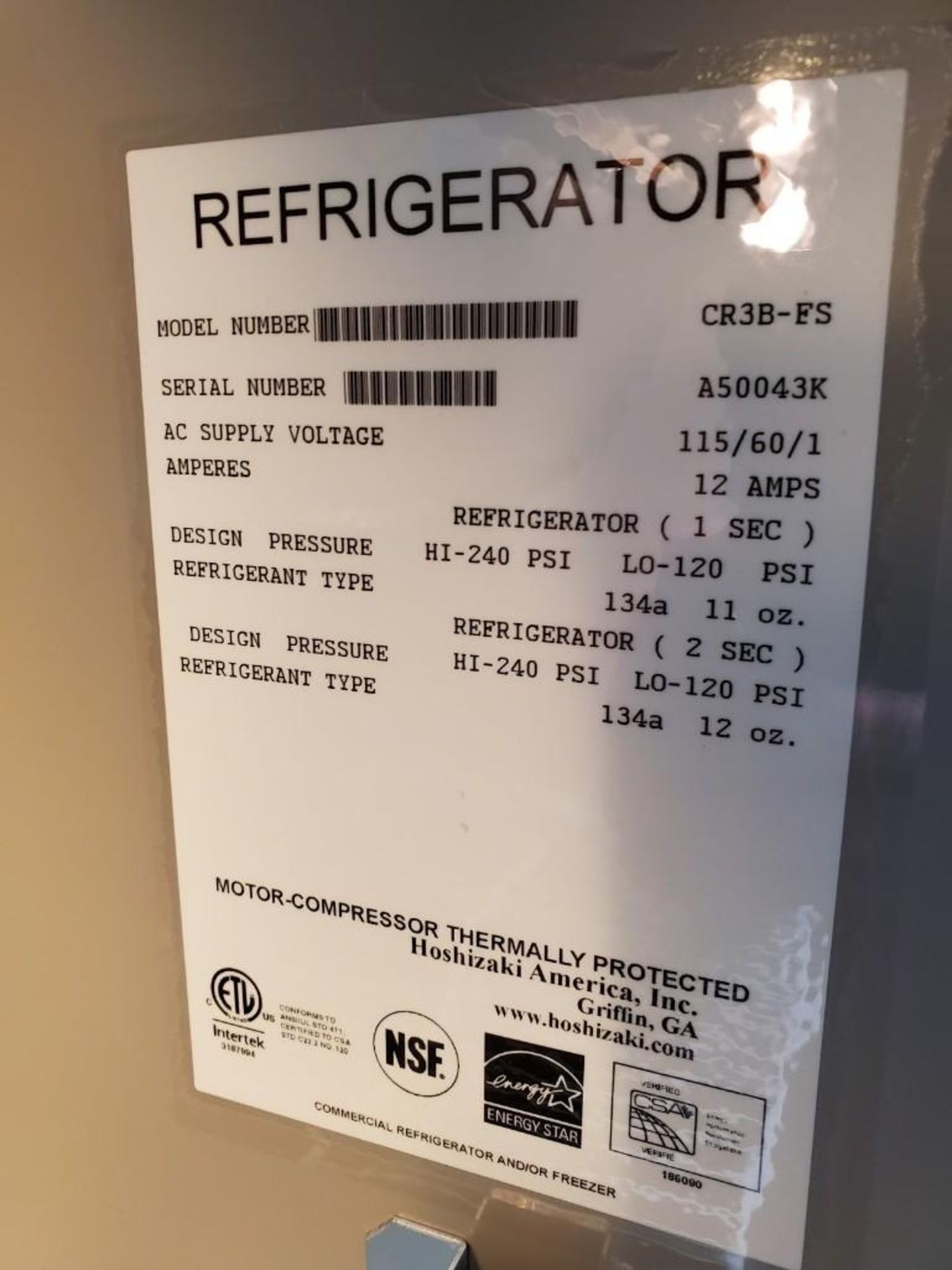 HOSHIZAKI COMMERCIAL/INDUSTRIAL REFRIGERATOR MODEL CR3B-FS - Image 5 of 8