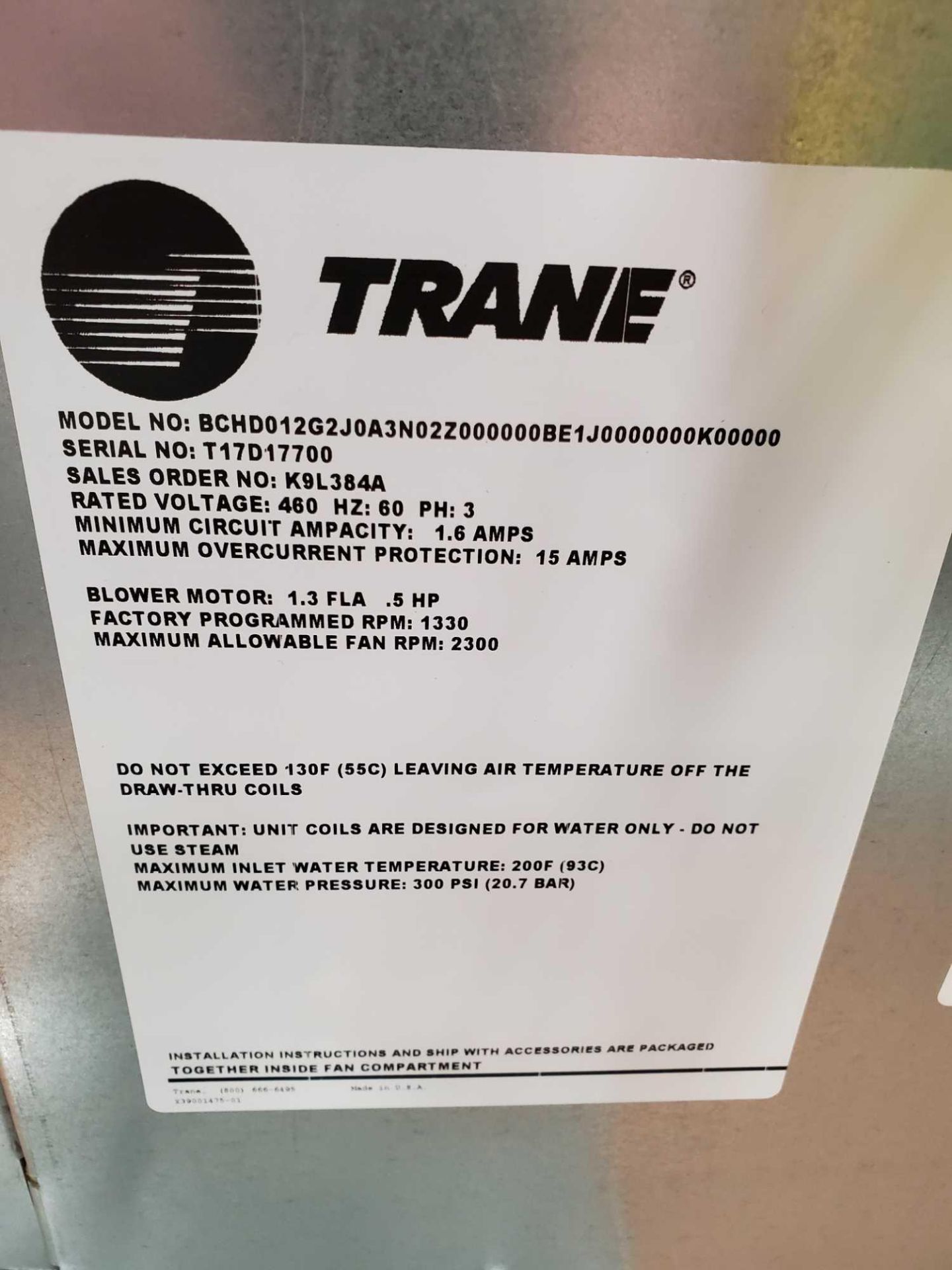 UNUSED TRANE BLOWER COIL AIR HANDLER RECIRCULATION 15.59MBh 460V 3PH 0.5HP - Image 5 of 6