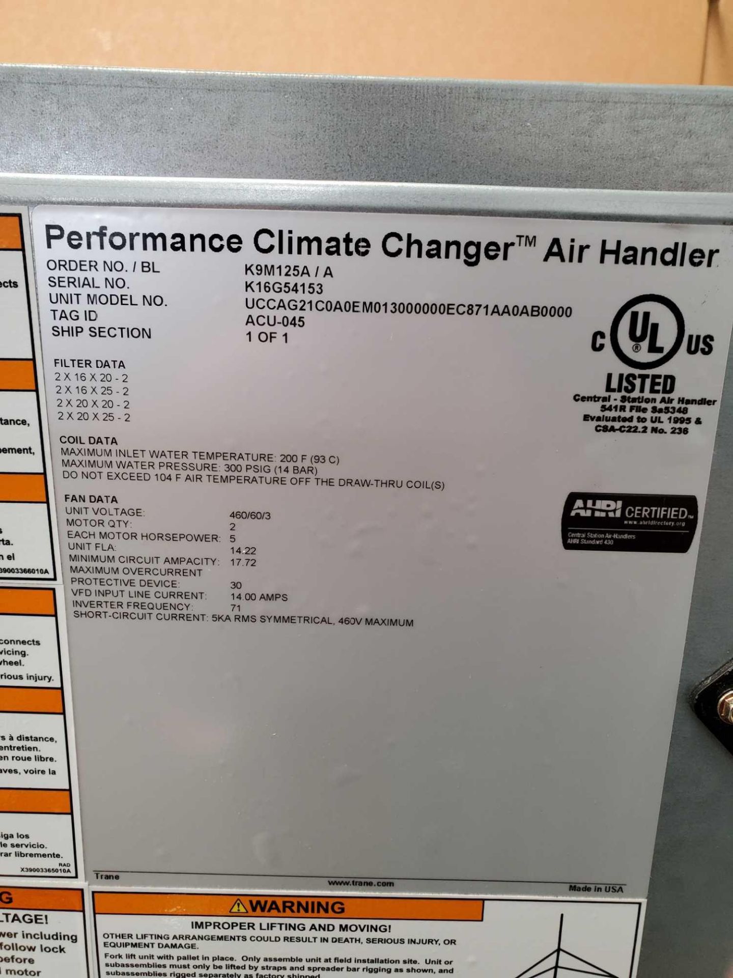 UNUSED TRANE RECIRCULATION ROOM COOLER AIR CONDITIONING AIR HANDLER 547.59MBh 460V 3PH 10HP - Image 6 of 9