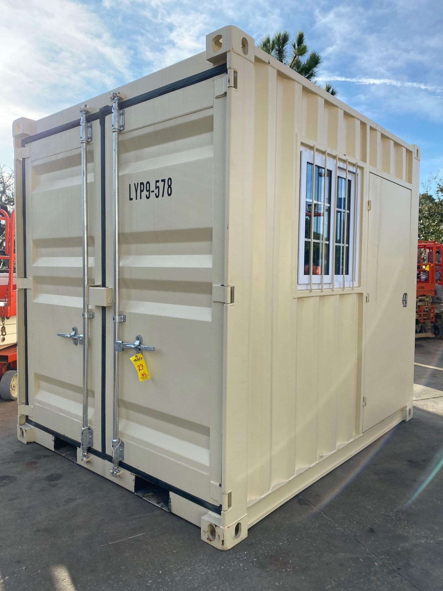 UNUSED 9' CONTAINER/PORTABLE OFFICE WITH WINDOW AND SIDE DOOR ENTRANCE (LOCKING), FORKLIFT POCKETS