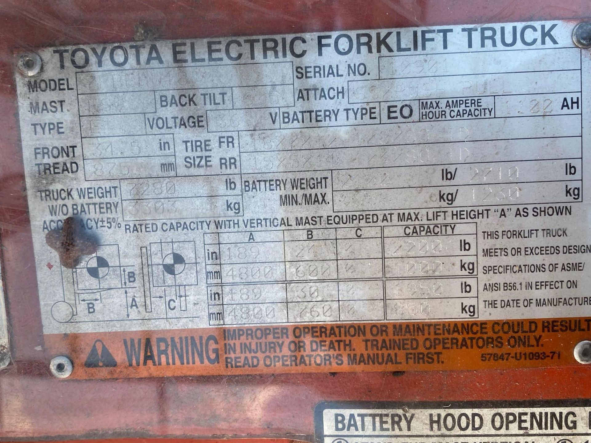 TOYOTA ELECTRIC FORKLIFT MODEL 7FBEU20, 4,000 LB CAPACITY, CASCADE PUSH/PULL ATTACHMENT, TILT, SIDE - Image 11 of 12