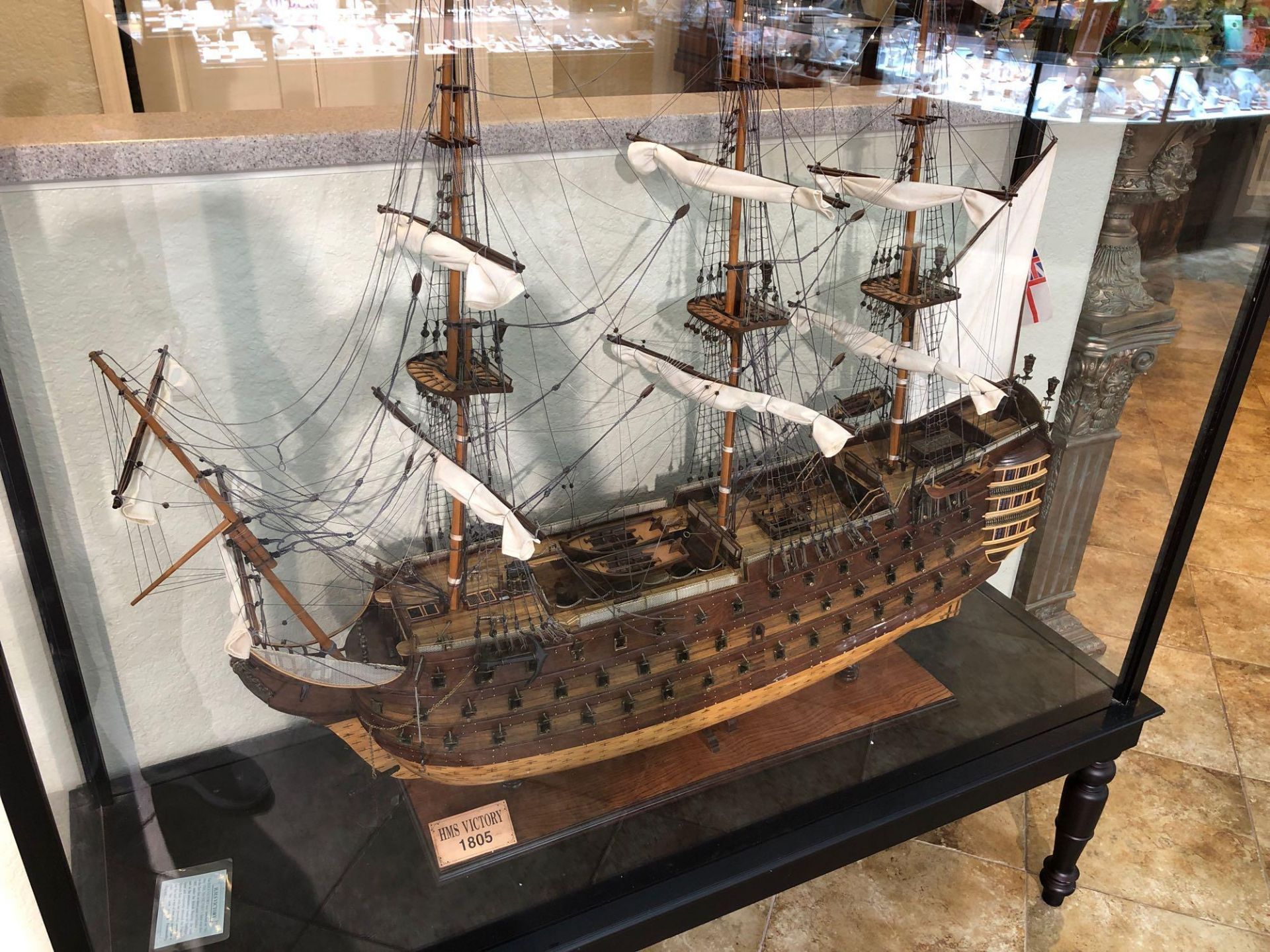 HMS VICTORY WOODEN MODEL SHIP IN PLEXIGLASS ENCLOSED CASE. APPROX 65"WIDE X 22" DEEP X 76" TALL - Image 6 of 6