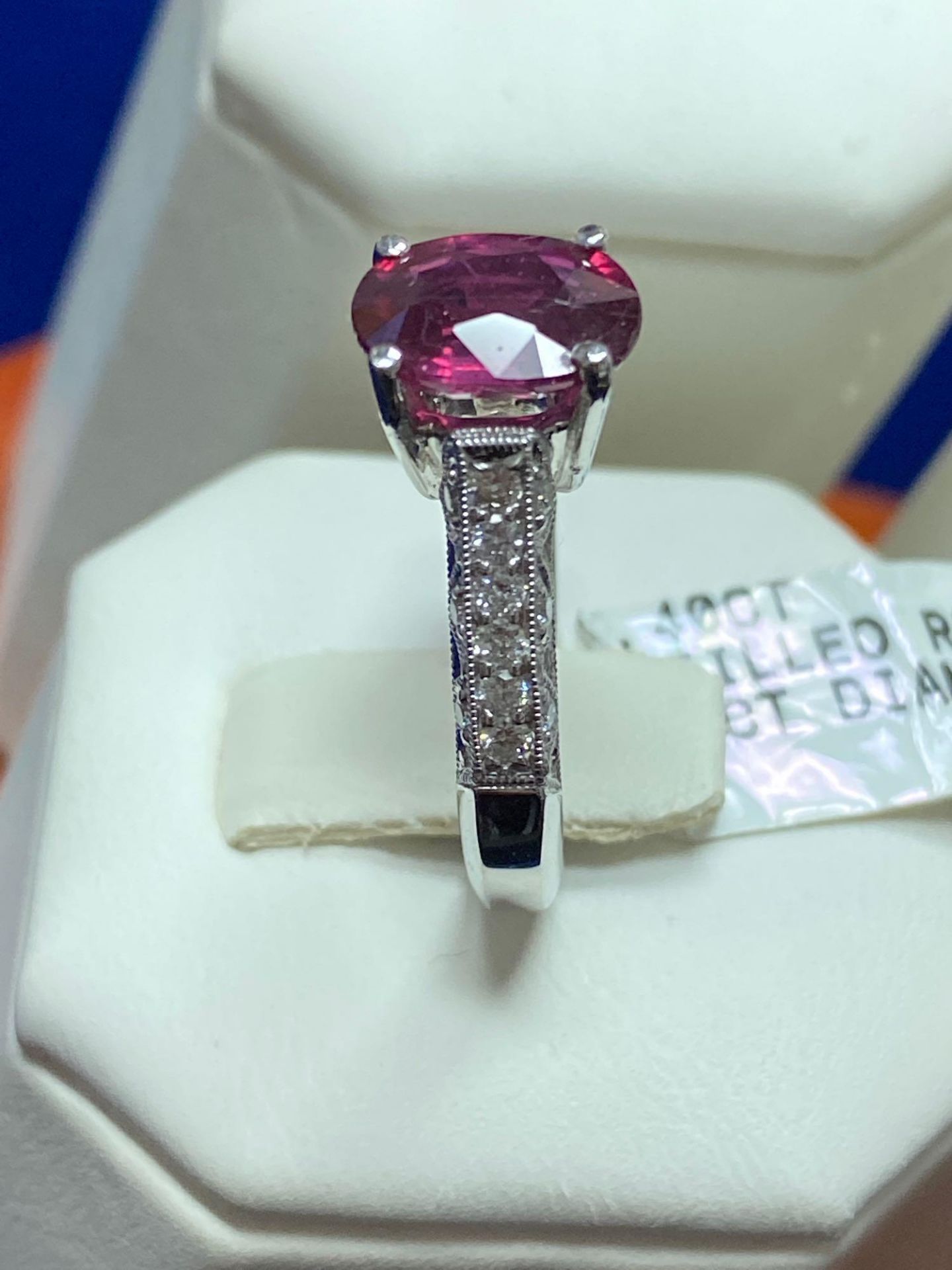 2.40CT GLASS FILLED RUBY .35CT DIAMOND RING 18K WHITE GOLD - Image 2 of 5