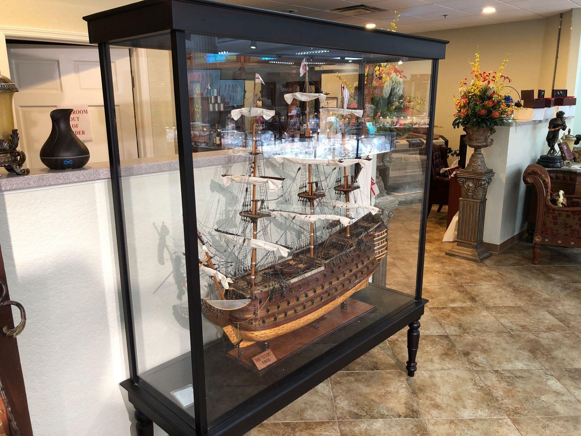 HMS VICTORY WOODEN MODEL SHIP IN PLEXIGLASS ENCLOSED CASE. APPROX 65"WIDE X 22" DEEP X 76" TALL