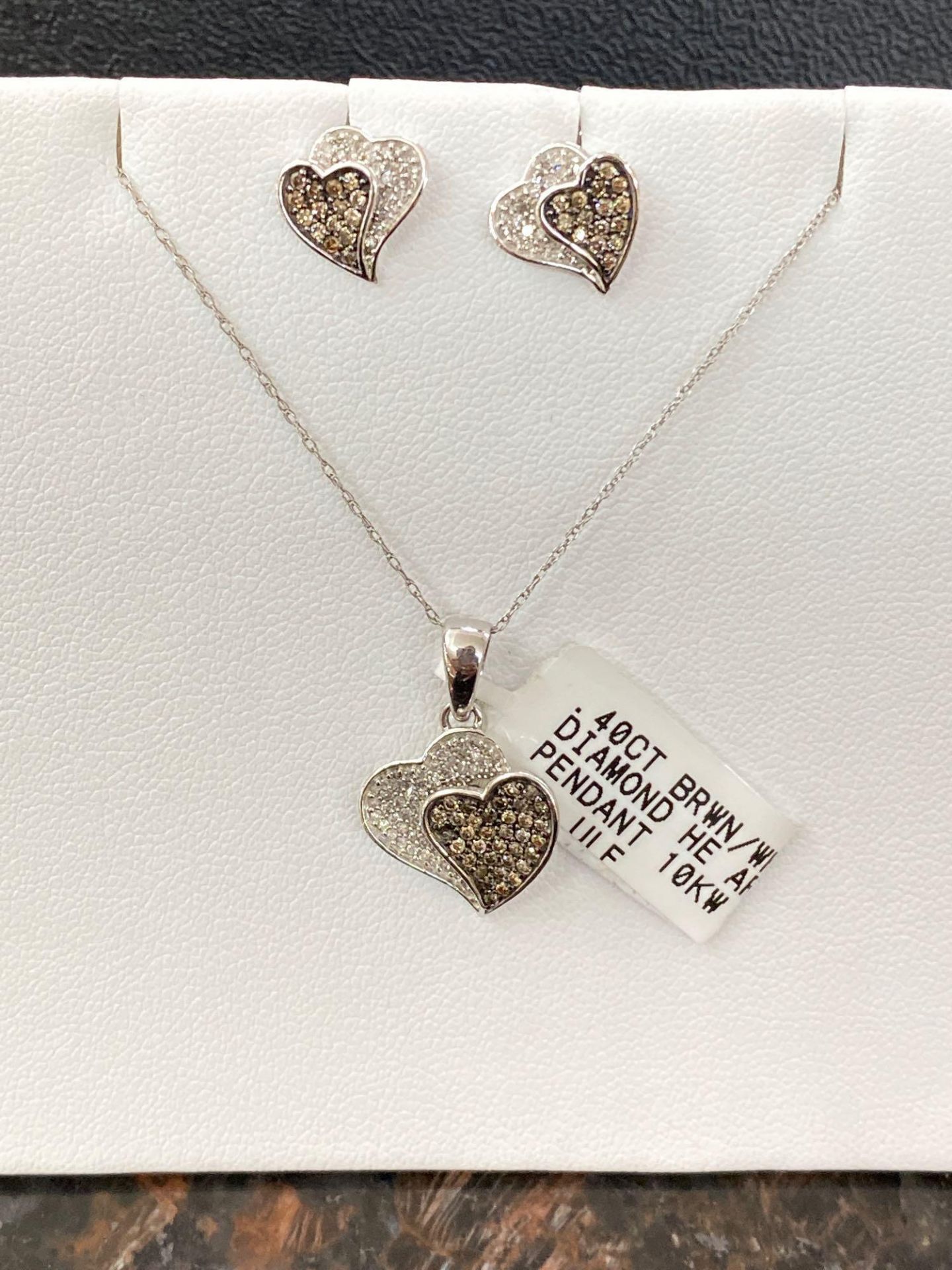 .40CT BROWN/WHITE DIA HEART PENDANT .35CT BROWN/WHITE DIAMOND HEART EARRINGS 10K