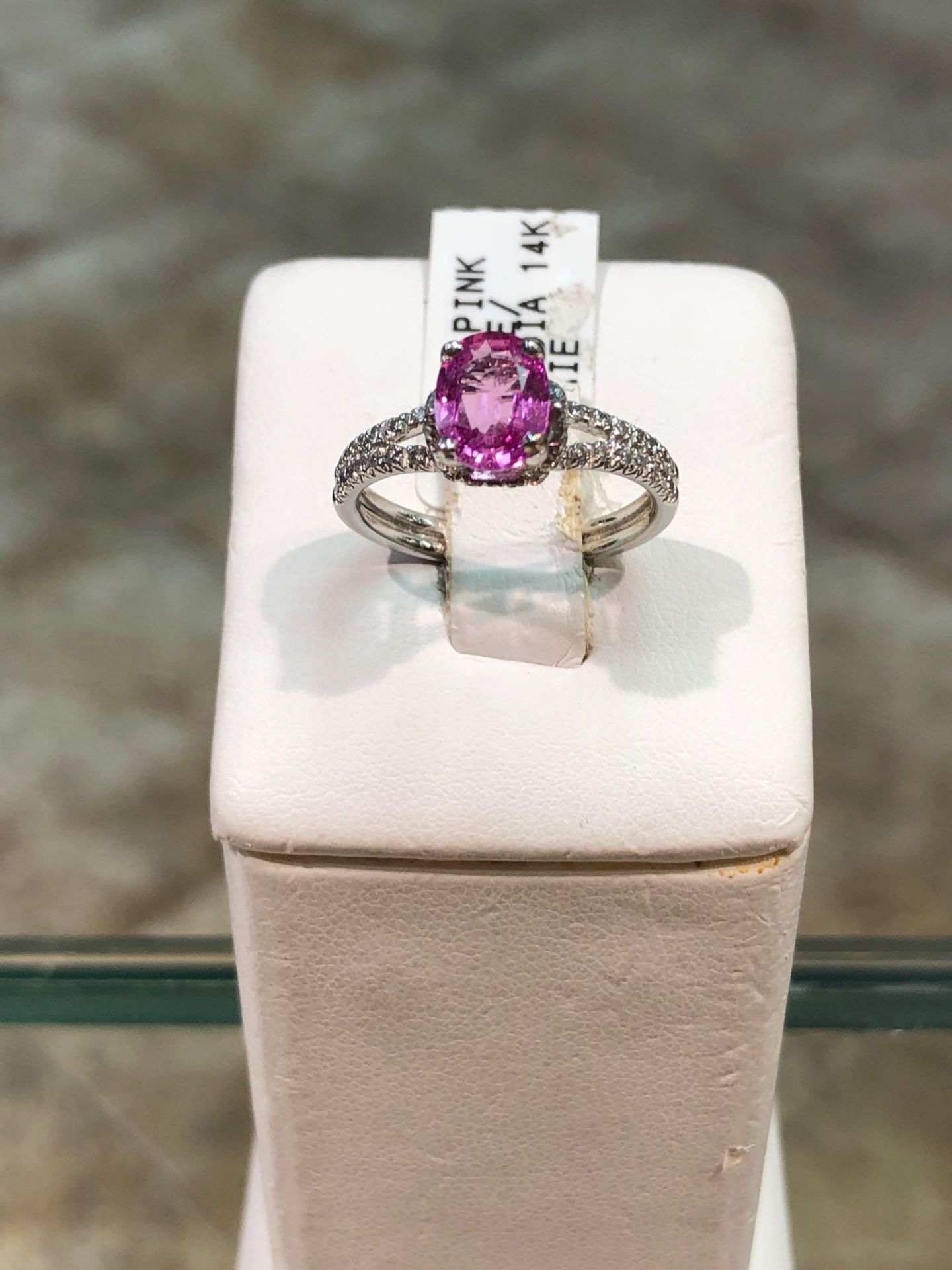 1.46CT PINK SAPPHIRE AND .15CT DIAMOND RING 14KT WHITE GOLD
