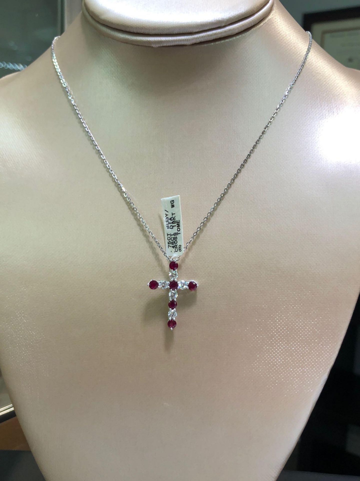 .75CT RUBY / .46CT DIAMOND CROSS 18KT WHITE GOLD NECKLACE