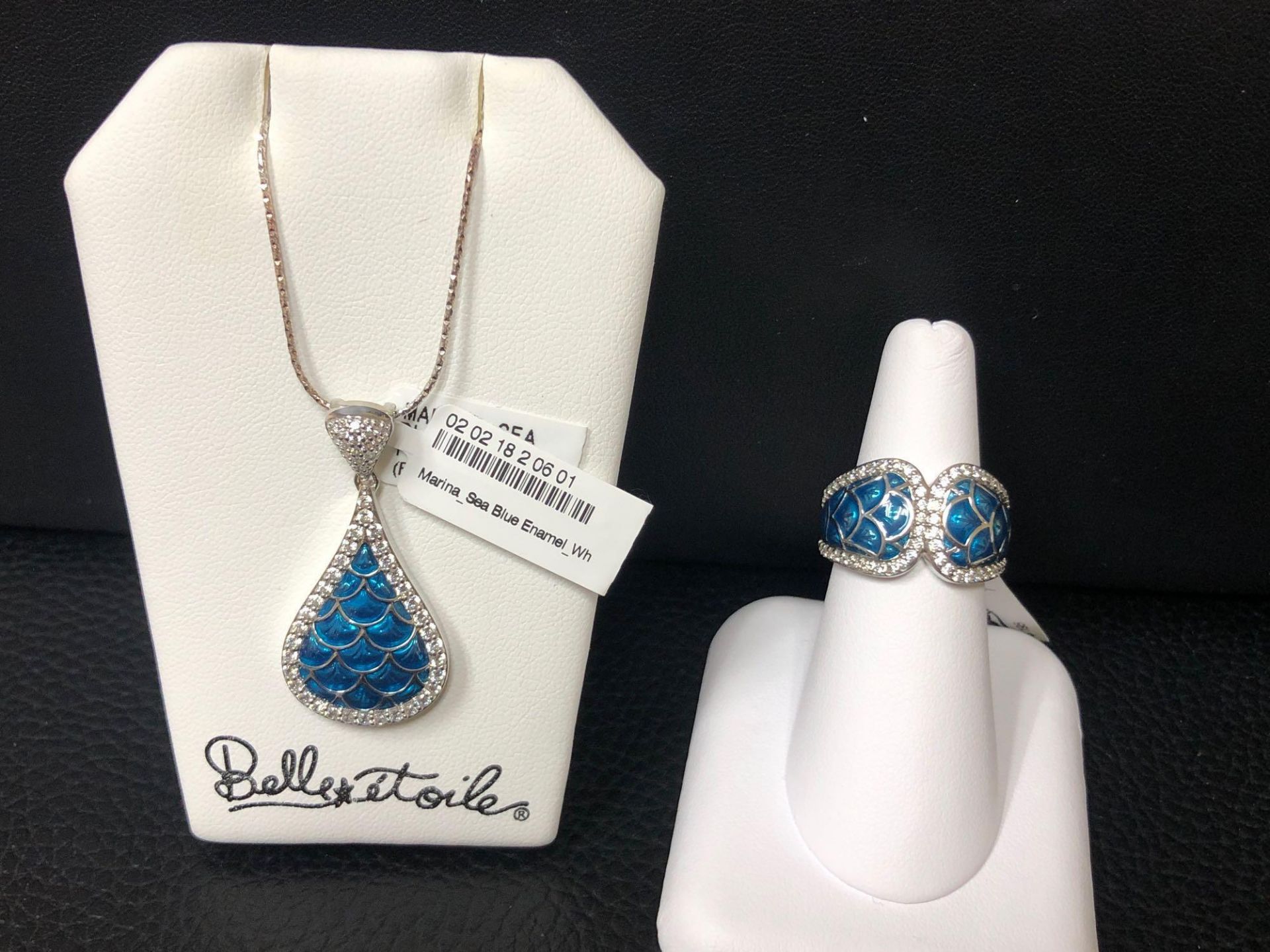 BELLE ETOILE TEAL ENAMEL/ CZ NECKLACE AND EARRING SET STERLING SILVER