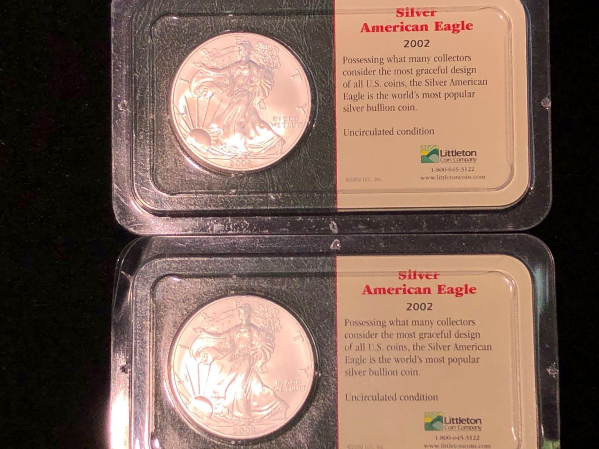 LOT OF 2 SILVER AMERICAN EAGLE COINS 1 OZT 2002