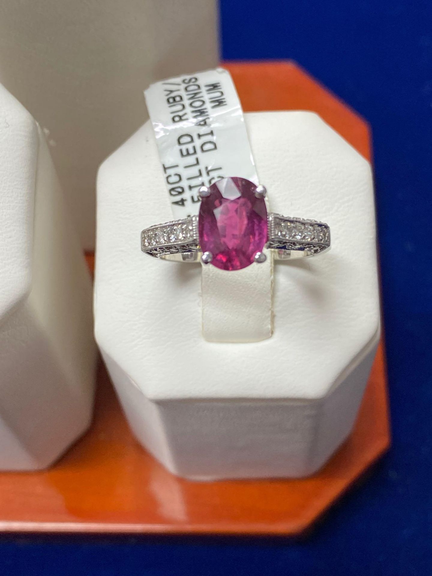 2.40CT GLASS FILLED RUBY .35CT DIAMOND RING 18K WHITE GOLD