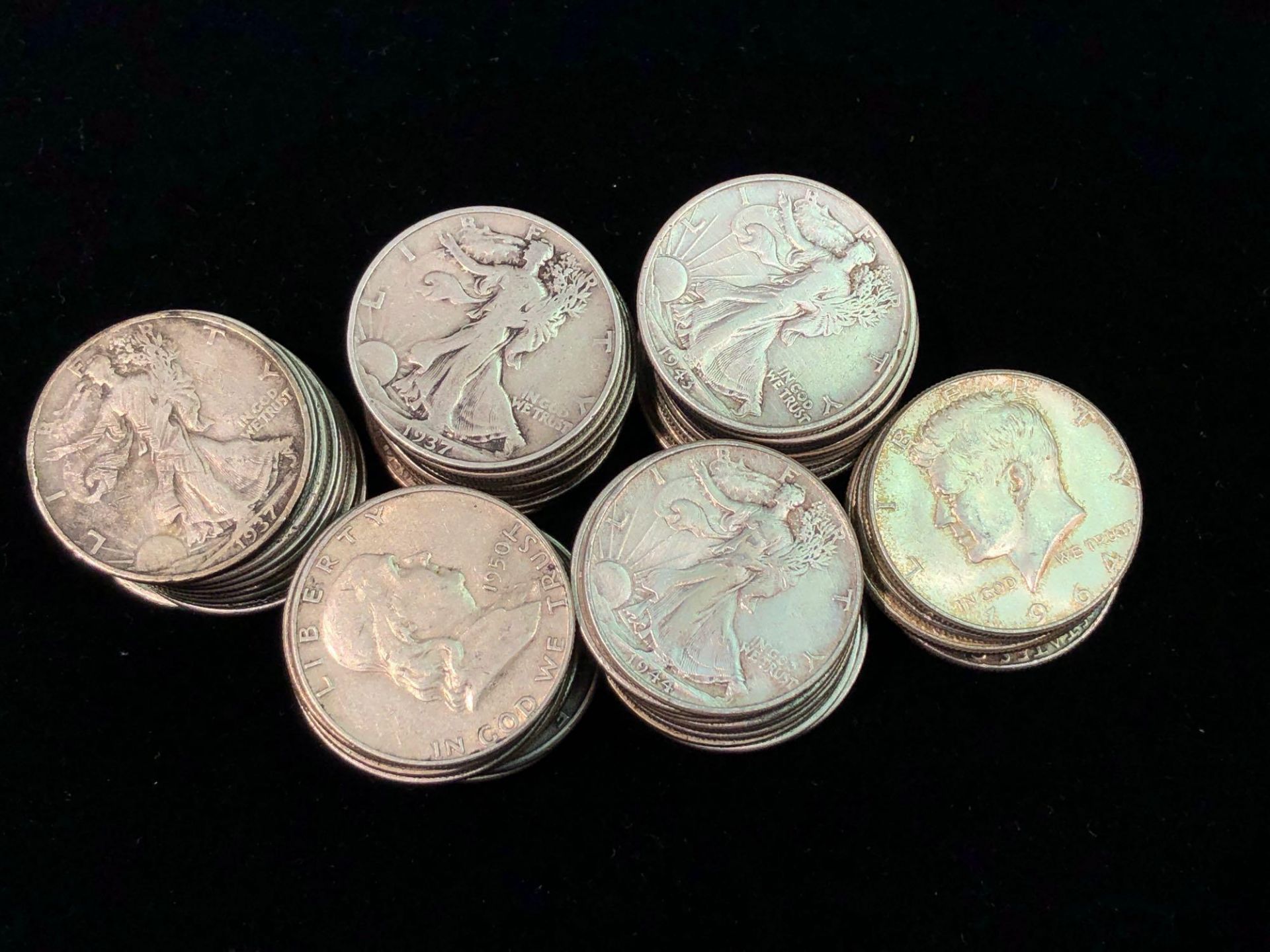 LOT OF ASSORTED SILVER HALF DOLLARS 57pcs