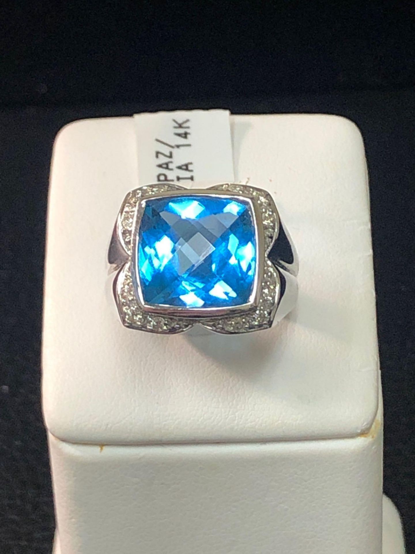 BUE TOPAZ AND .23CT DIAMOND RING 14KT WHITE GOLD