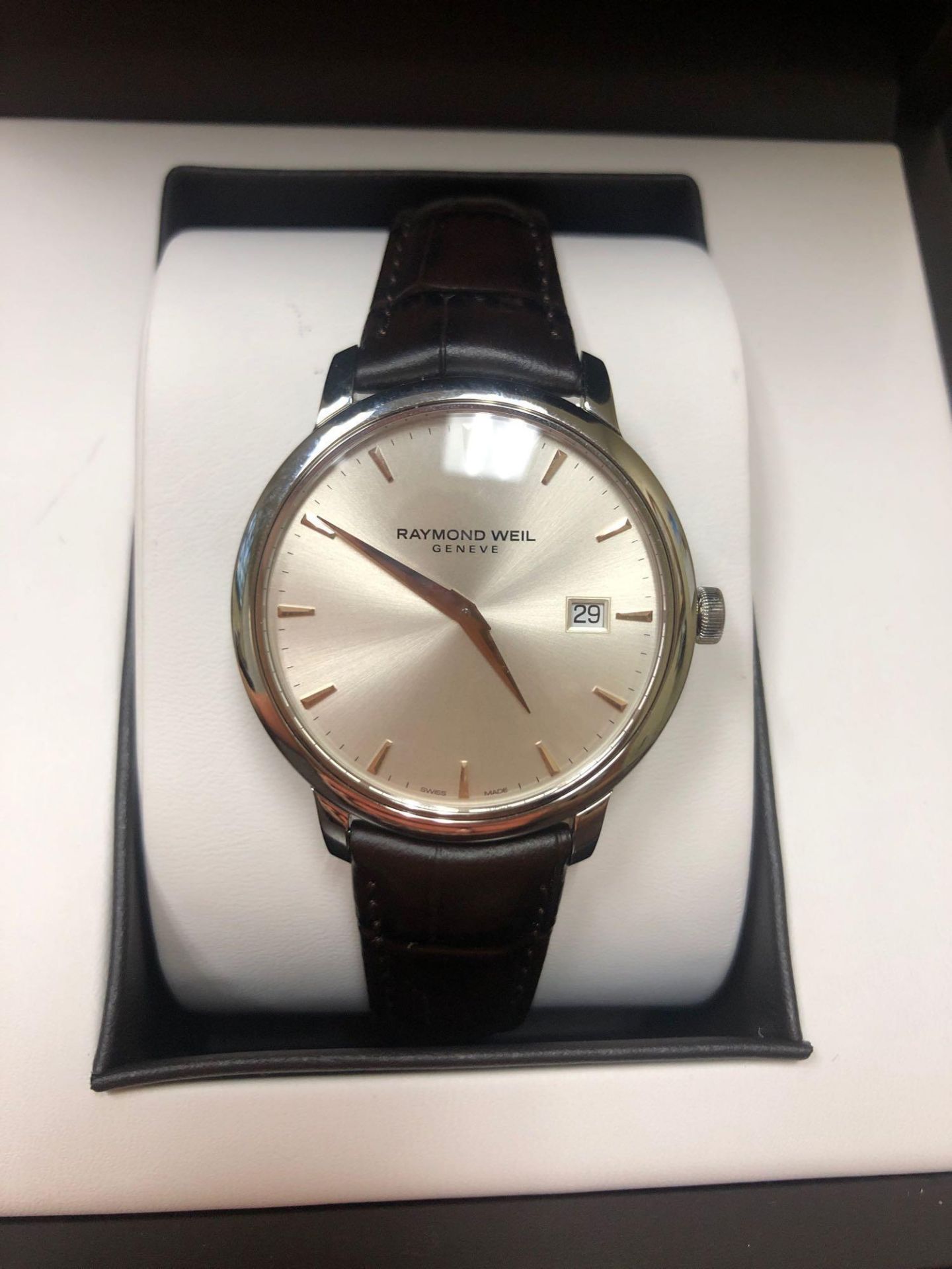 RAYMOND WEIL TOCCATA BROWN LEATHER STRAP SILVER AND ROSE TONE DIAL WATCH