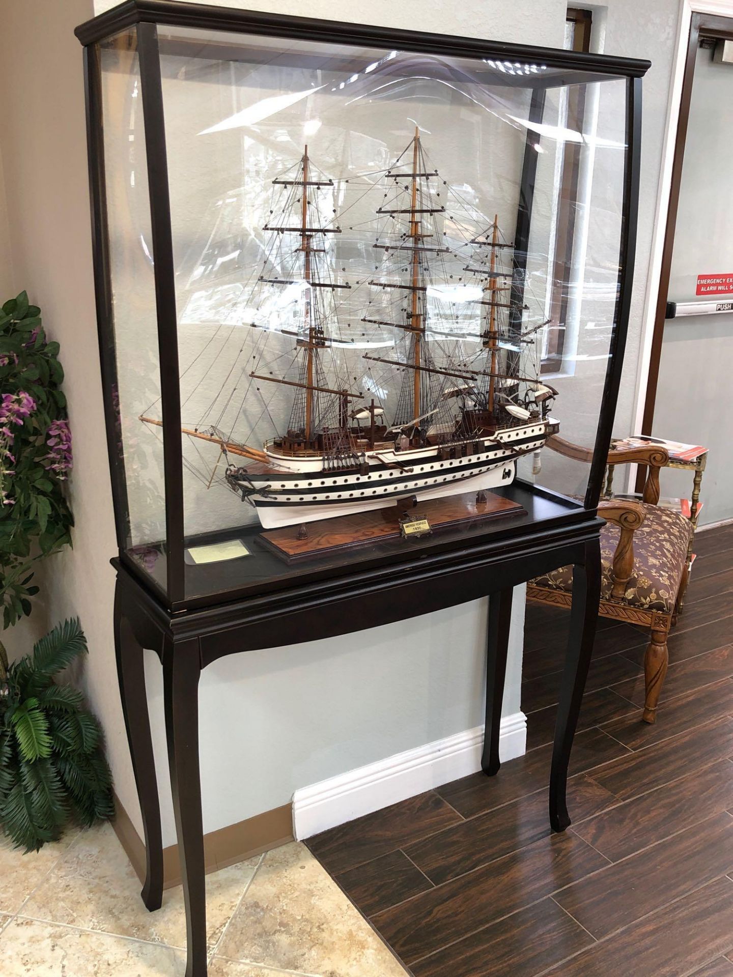 AMERIGO VESPUCCI WODDEN MODEL SHIP IN PLEXIGLASS ENCLOSED CASE. APPROX 40" WIDE X 13" DEEP X 69" TAL