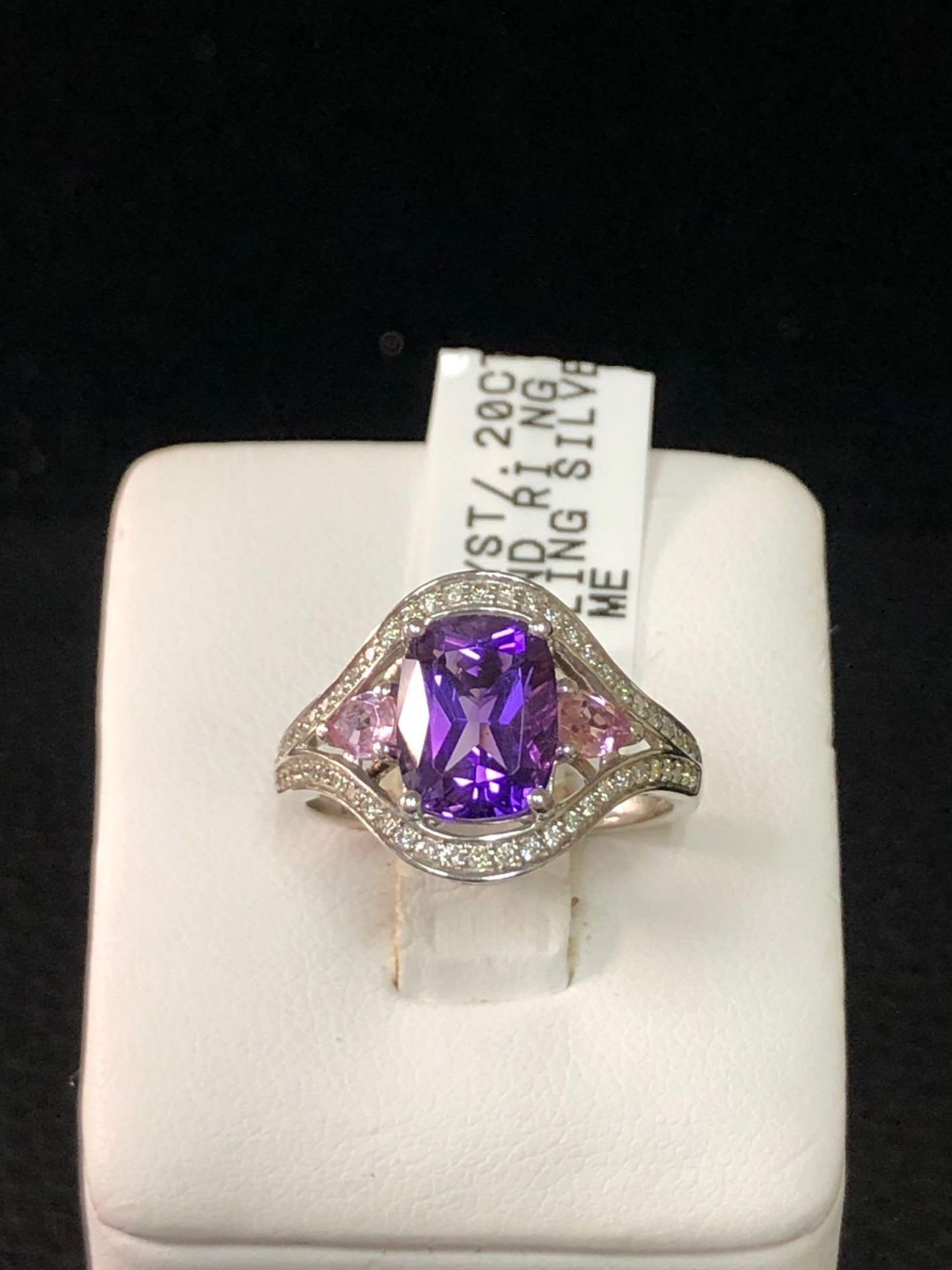 AMETHYST, PINK TOPAZ AND .20CT DIAMOND RING STERLING SILVER