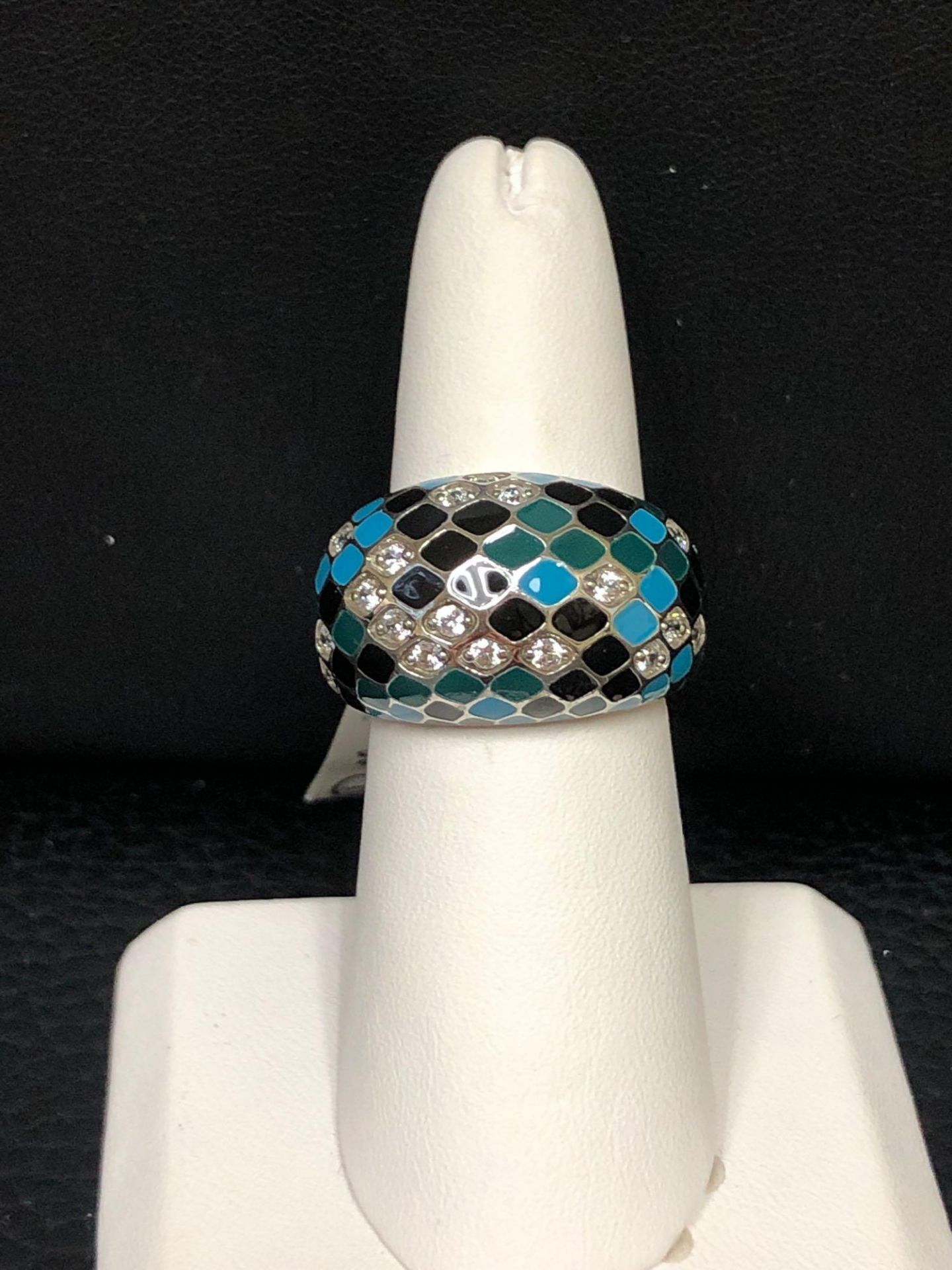 BELLE ETOILE BLACK, TEAL AND GREEN ENAMEL STERLING SILVER SIZE 7