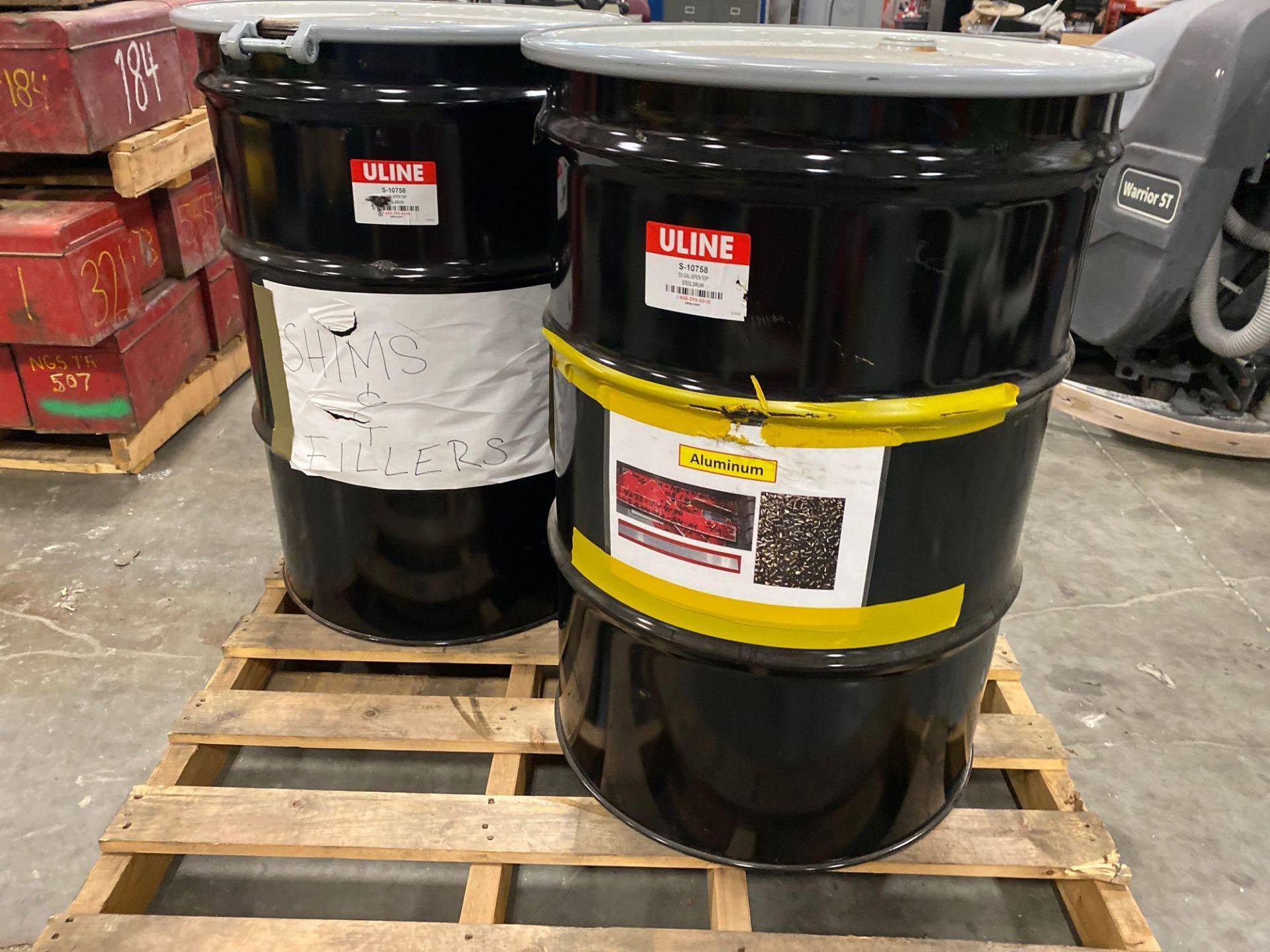 DRUMS FULL OF AIRCRAFT ALUMINUM SHIMS, FILLERS AND HARDWARE