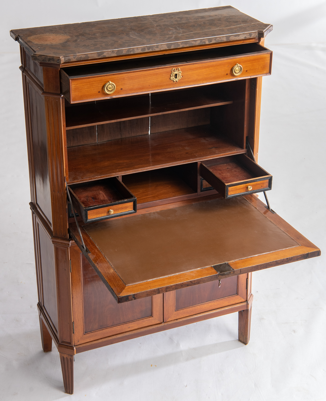 A Louis XVI walnut fall front desk, with gilt bronze mounts and a marble top, the inside with four e - Image 7 of 7