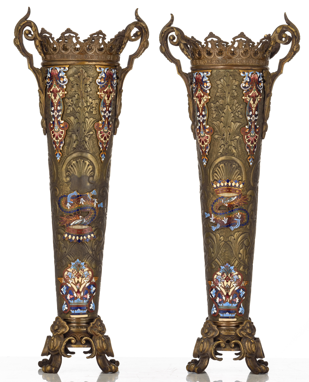 A pair of bronze Oriental-inspired champlevé vases, 19thC, H 56,5 cm - Image 3 of 5