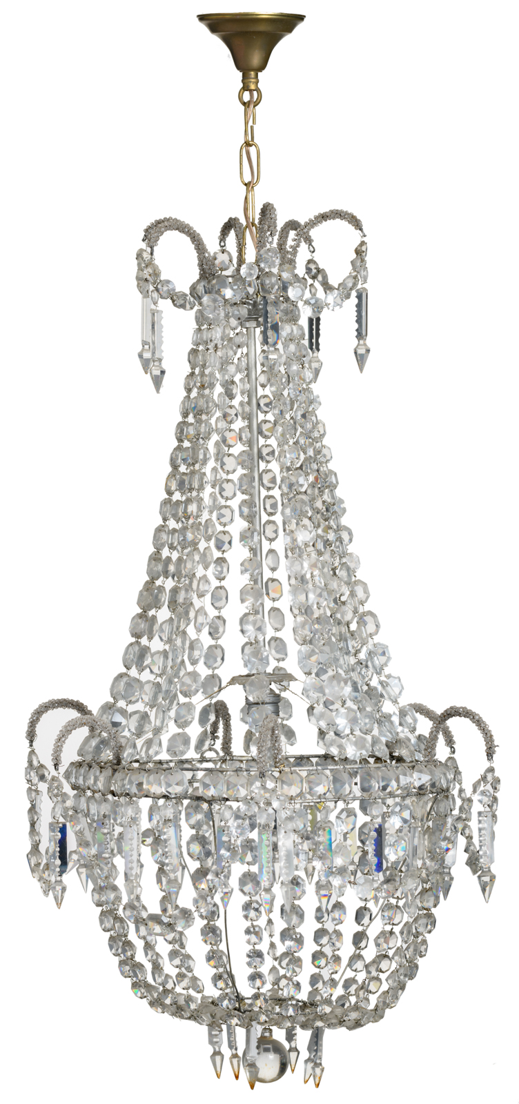 A crystal chandelier of the 'sac à perles' type, H 110 cm