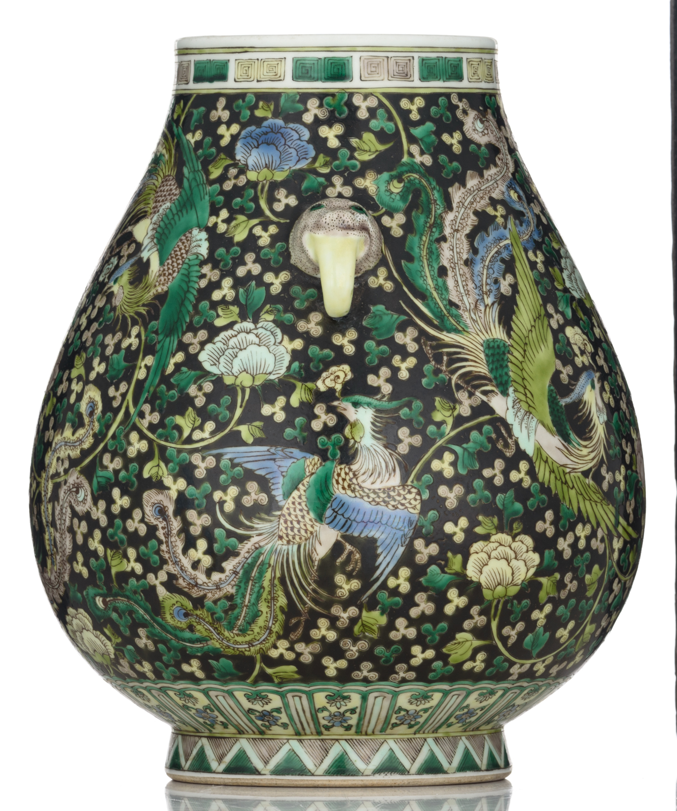 A Chinese black ground famille verte hu-vase, decorated with phoenix, H 30 cm - Image 2 of 6