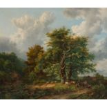 No visible signature (in the manner of J.H.B. Koekkoek), a forest scene with figures, cattle and a w