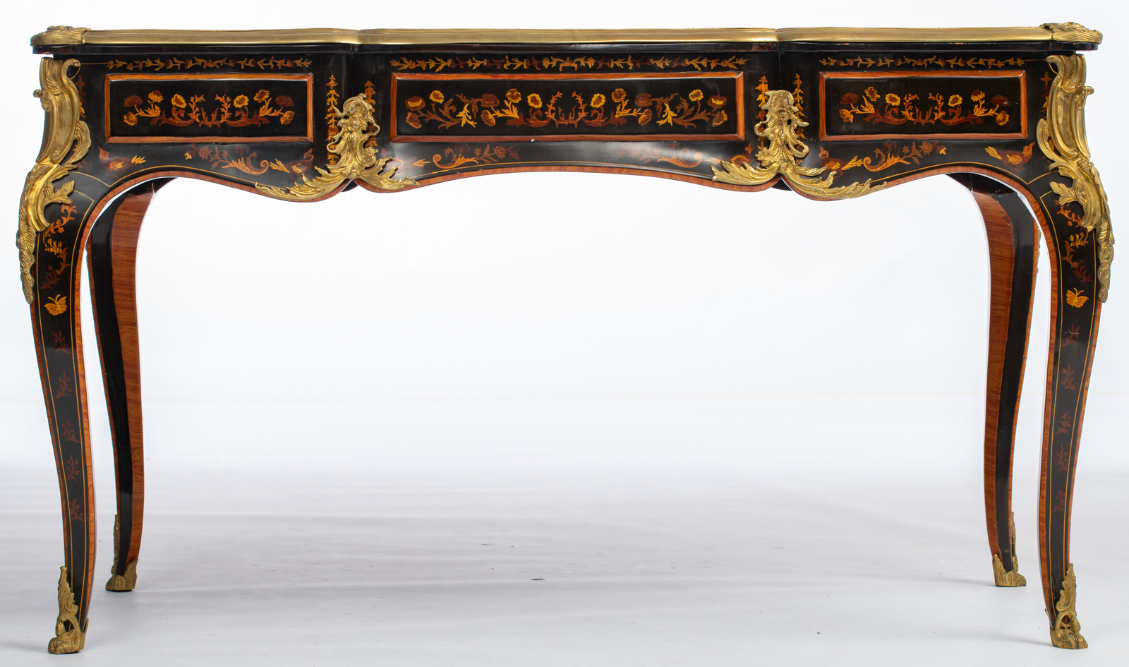 A fine Louis XV style lacquered bureau plat, decorated with gilt bronze mounts and rich marquetry of - Image 4 of 8