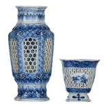 A Chinese blue and white hexagonal double-walled openwork vase; added a ditto quadrangular vase, Kan