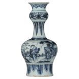 A blue and white decorated Dutch Delftware garlic neck bottle vase with a chinoiserie decoration, 17