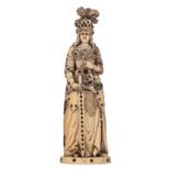 A delicately 19thC French carved ivory triptych figure of Joan of Arc; with black coloured engraving
