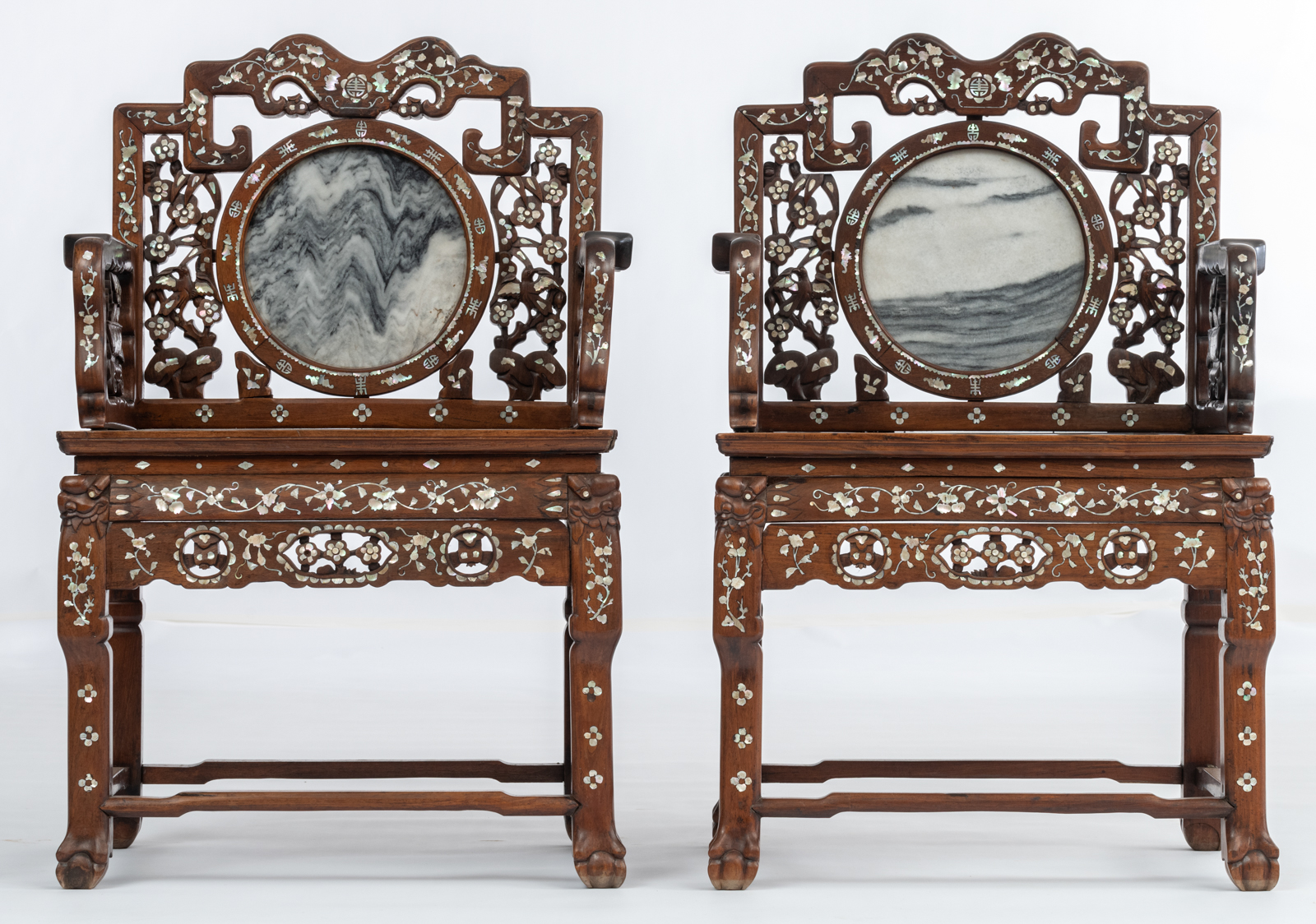 A Chinese rosewood furniture set, with inlaid marble plaques and mother-of pearldecoration, consisti - Image 2 of 16